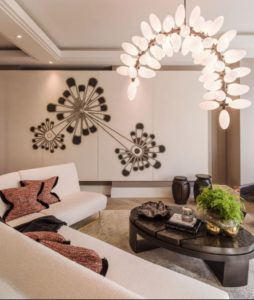 Holiday House London - Following the beautiful runner up the stairs, Fiona Barratt Interiors's 'Curated Design' living room caught my eye immediately. A generous, light-filled space with a great sense of flow, it was finished to the highest of standards. The sculptural light, curving downwards above the coffee table, was a stunning focal point with its undulations emulated in the art relief hung on the back wall. This was a scheme with space to breathe - to step back and admire all the wonderful pieces within it - and a place where every vista was curated to perfection.