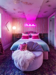 Holiday House London - This space - entitled 'Teenage Dream" - and certainly something the likes of Katy Perry would adore - was decked-out in all things pink. The ultimate teenage girl's bedroom; with a Sophia Webster designed bed, several pairs of her winged shoes and the wall emblazoned 'oh la la' in vibrant neon.