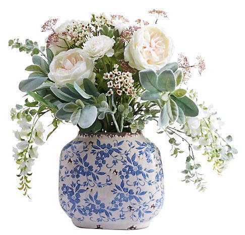 Peony Artificial Country Blue & White Floral Arrangement in Ceramic Vas...