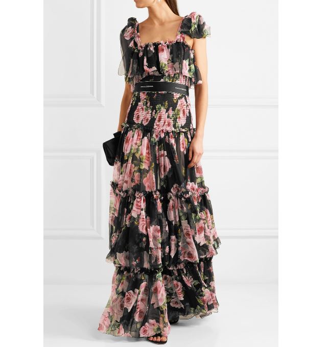 Shirred Floral Print Silk Chiffon Gown 