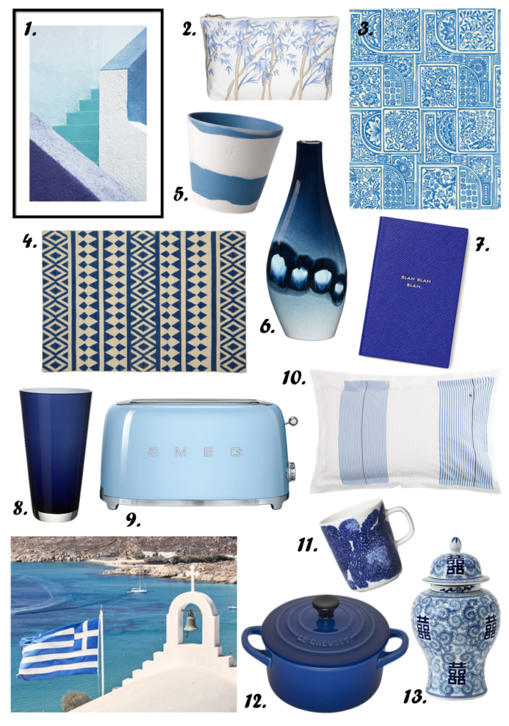This combo is undoubtedly one of my absolute favourites.  Ever-chic, the marriage of blue and white - celebrated in the Greek flag - is always a happy one. This can be done in so many ways but this year, it's all about mixing materials, textures and finishes both in dressing yourself and your space. Mykonos style rejoiced!